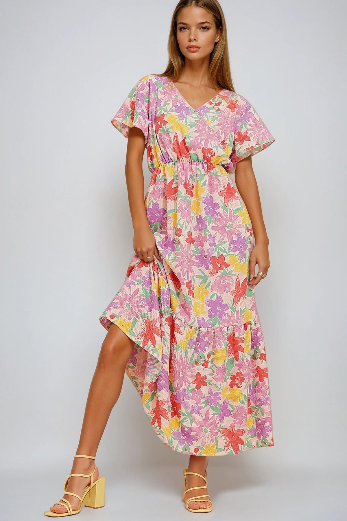 Lila Desenli Kruvaze Maxı Boy Elbise