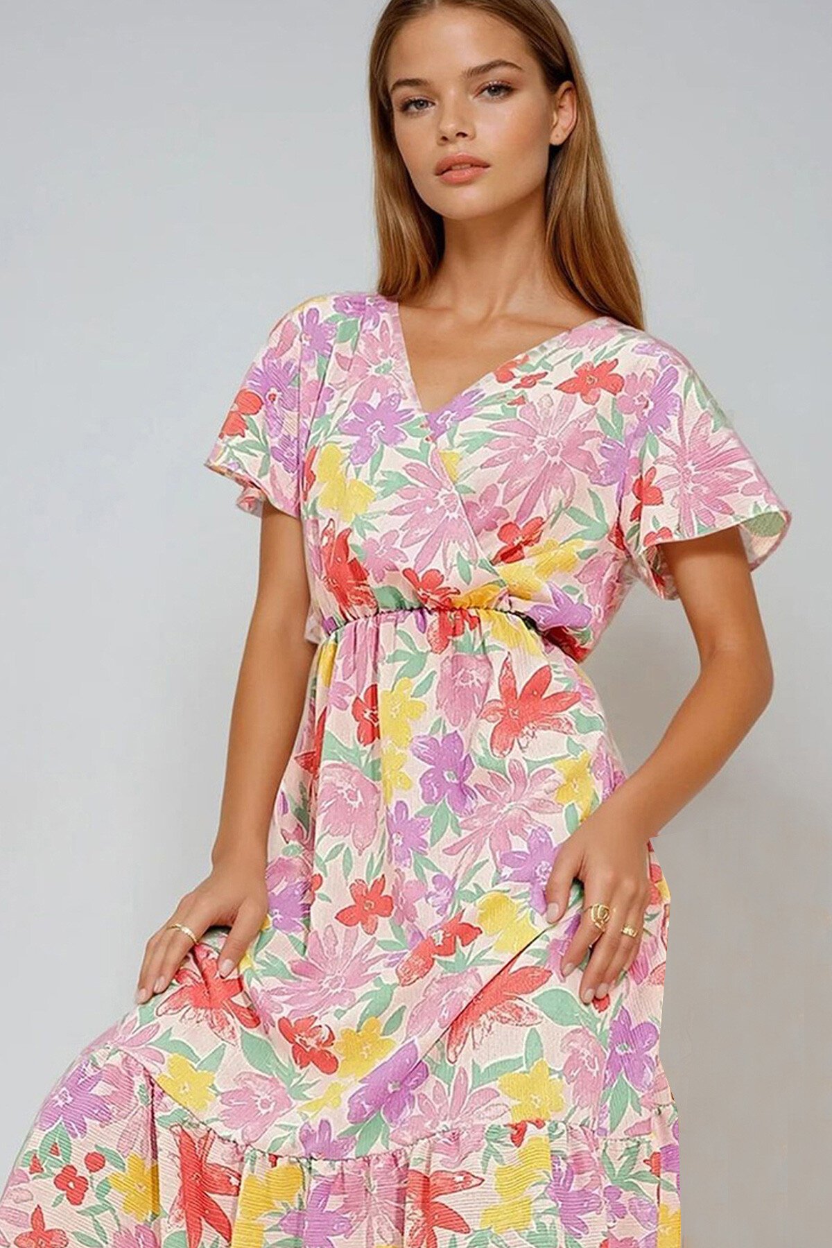 Lila Desenli Kruvaze Maxı Boy Elbise