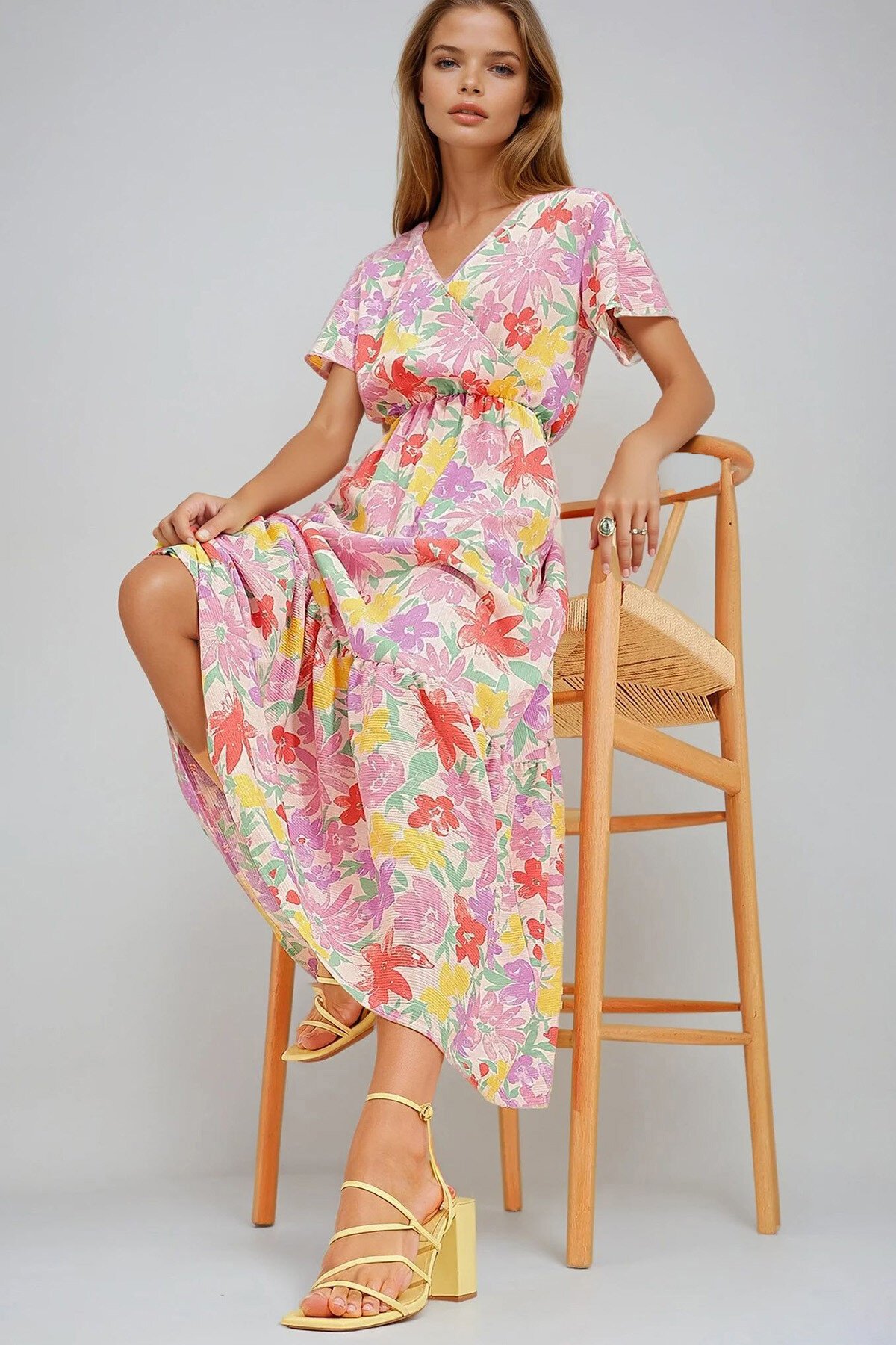 Lila Desenli Kruvaze Maxı Boy Elbise