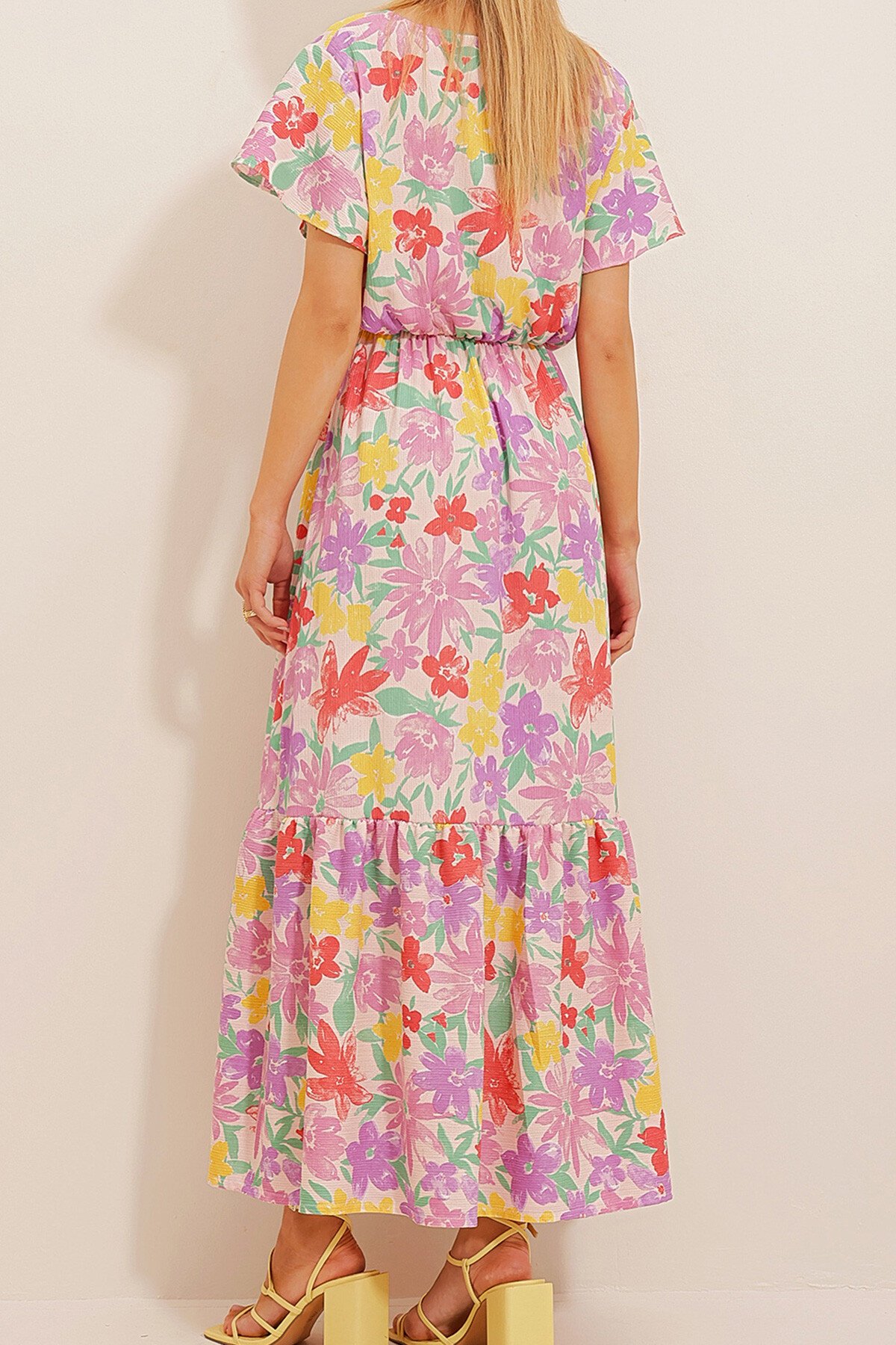 Lila Desenli Kruvaze Maxı Boy Elbise