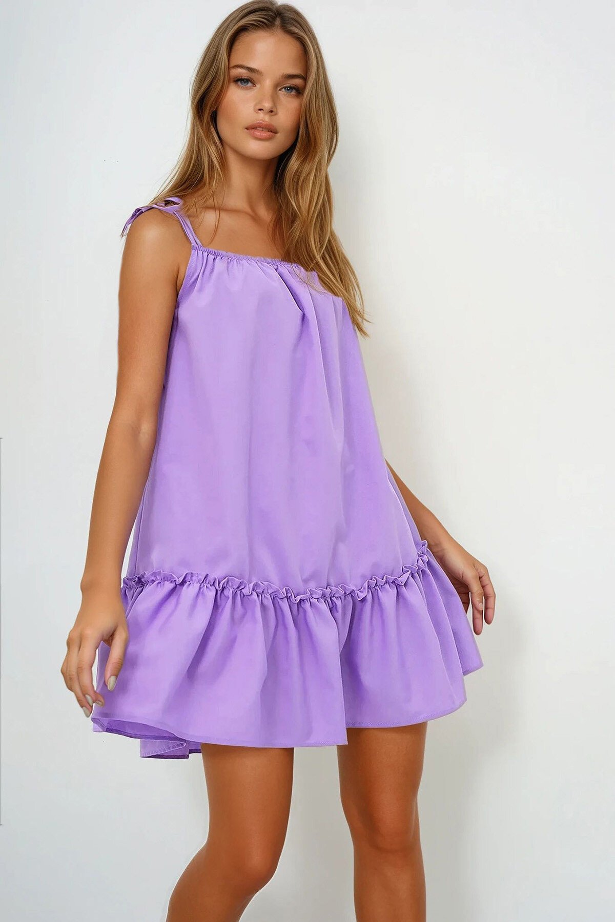 Lila İp Askılı Eteği Volanlı Terry Cotton Keten Elbise