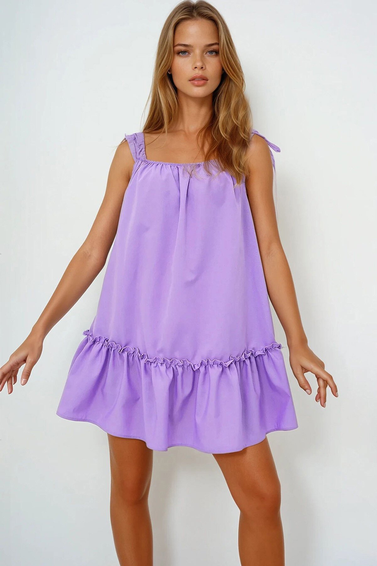 Lila İp Askılı Eteği Volanlı Terry Cotton Keten Elbise