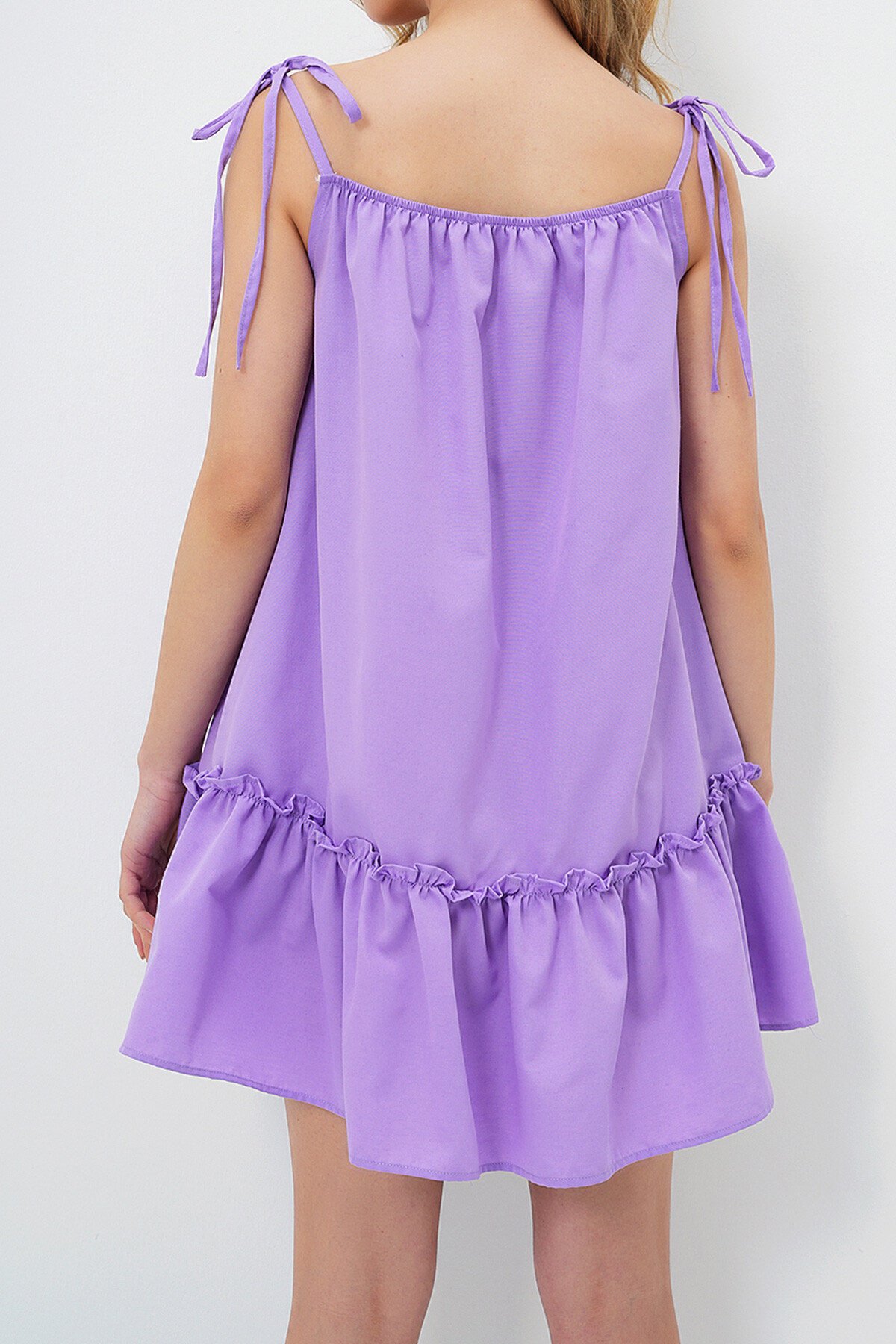 Lila İp Askılı Eteği Volanlı Terry Cotton Keten Elbise