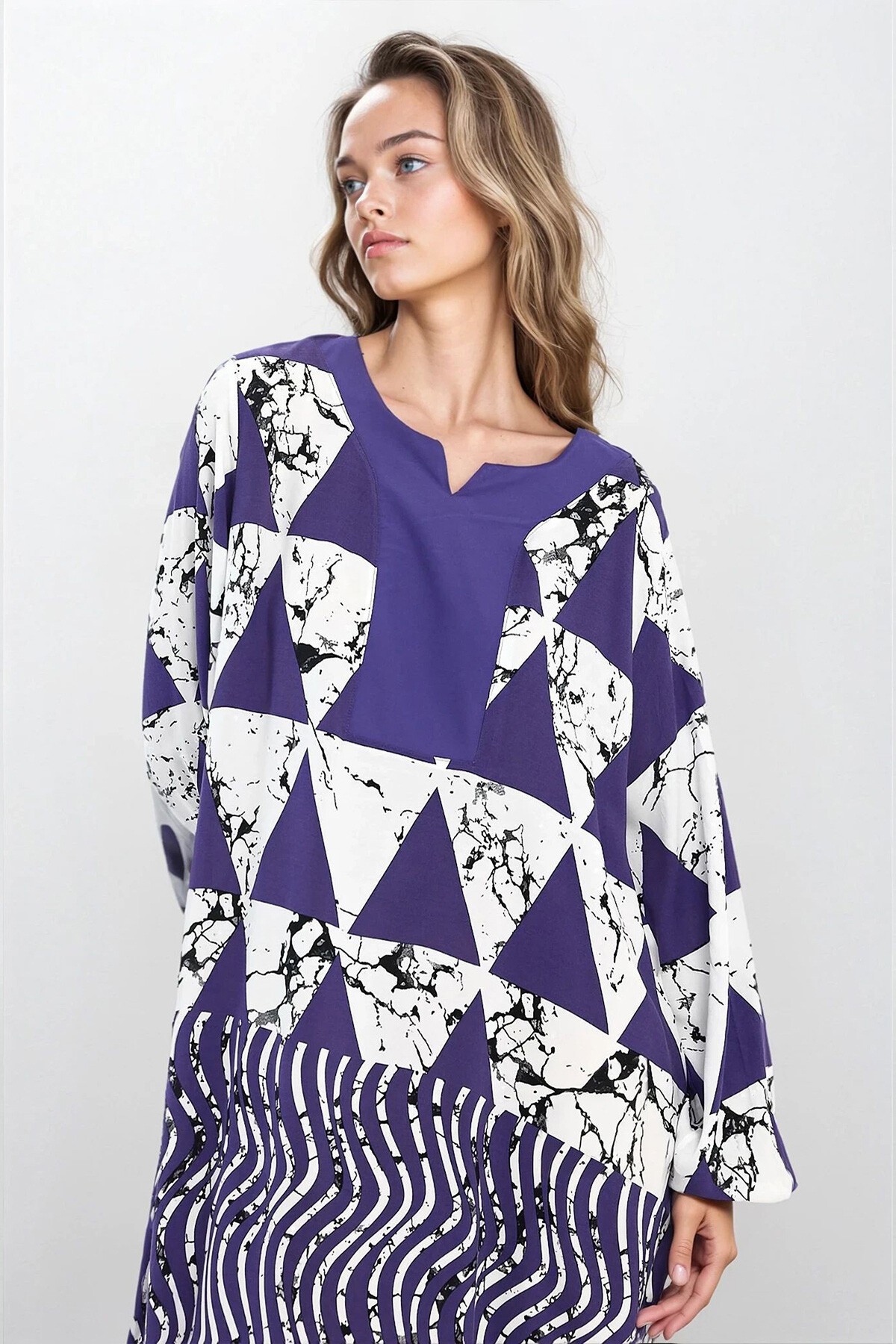 Lila Kolları Lastikli Çift Cepli Büyük Beden Elbise