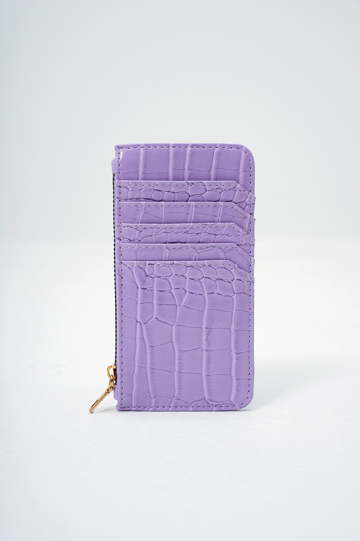 Lila Suni Deri Fermuarlı Para Bölmeli Croco Desen İnce Kartlık