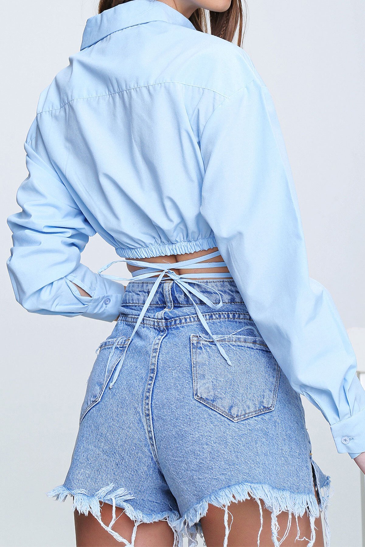 Mavi Bağcıklı Crop Poplin Gömlek