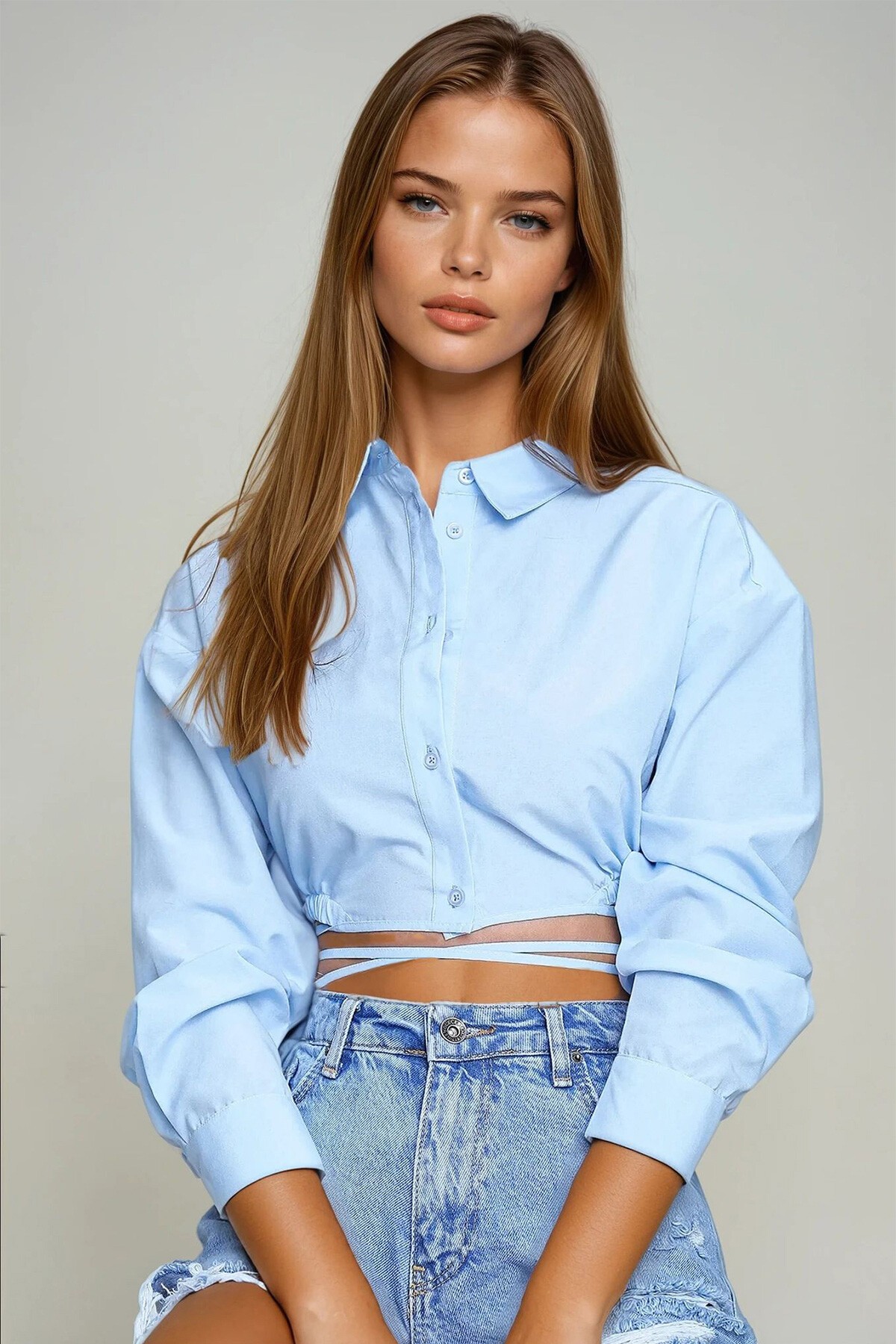 Mavi Bağcıklı Crop Poplin Gömlek