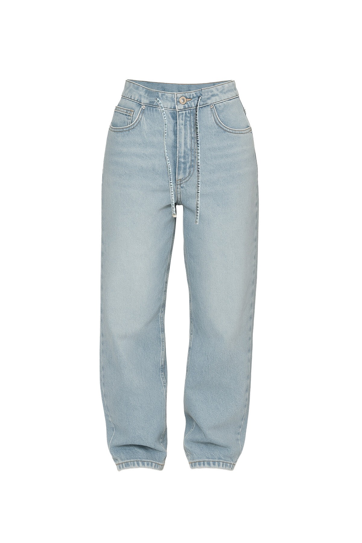 Mavi Bağlamalı Eskitme Detaylı 5 Cepli Palazzo Jean