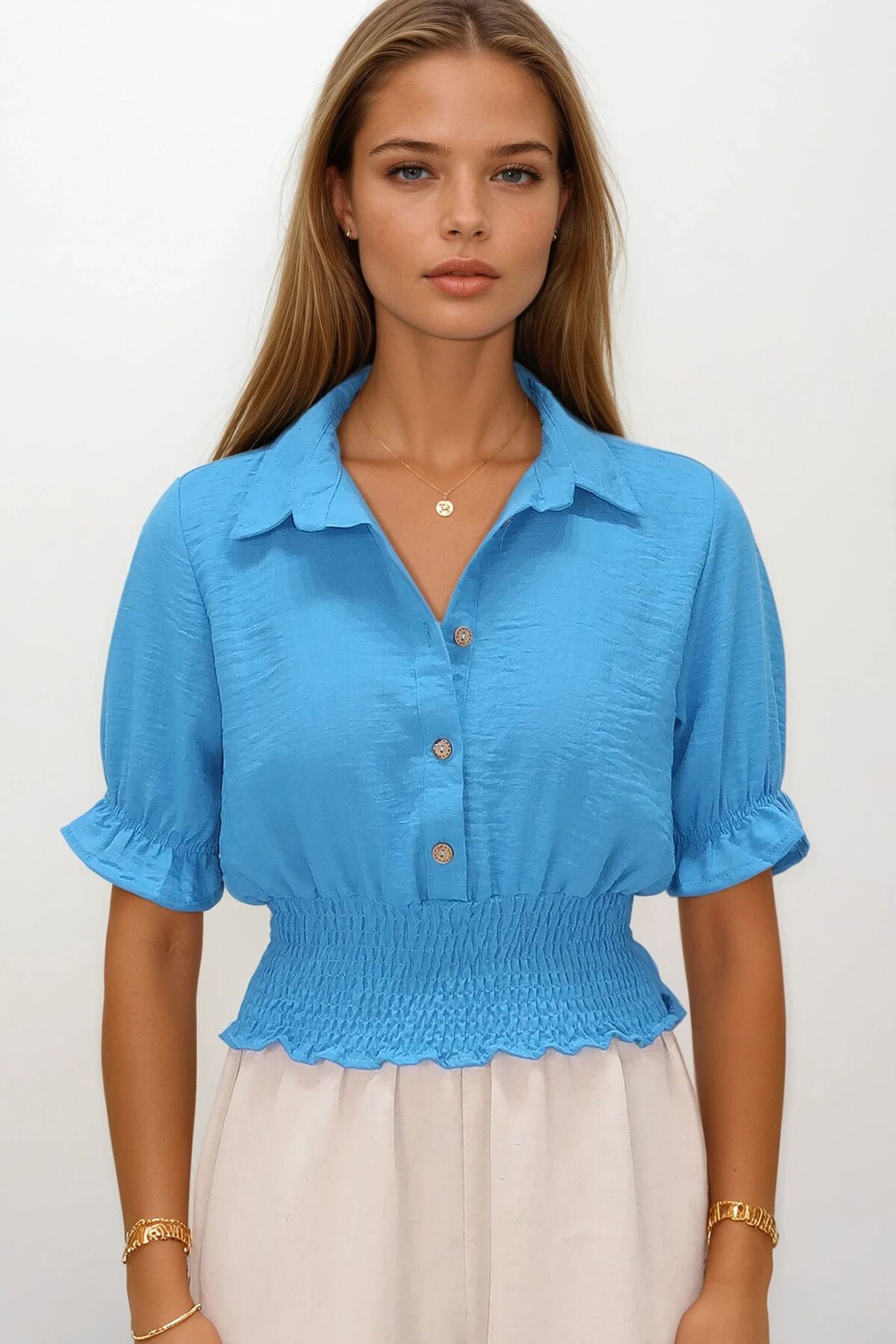 Mavi Beli Lastikli Düğme Kapamalı Gömlek Yaka Bluz