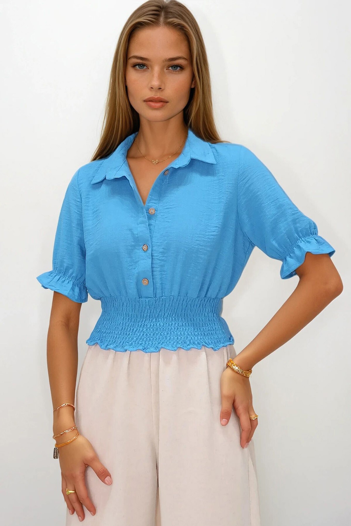 Mavi Beli Lastikli Düğme Kapamalı Gömlek Yaka Bluz