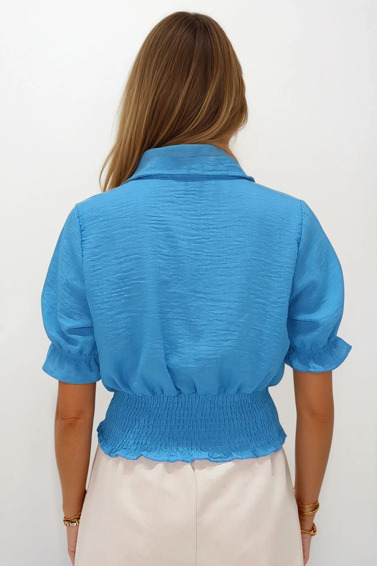 Mavi Beli Lastikli Düğme Kapamalı Gömlek Yaka Bluz