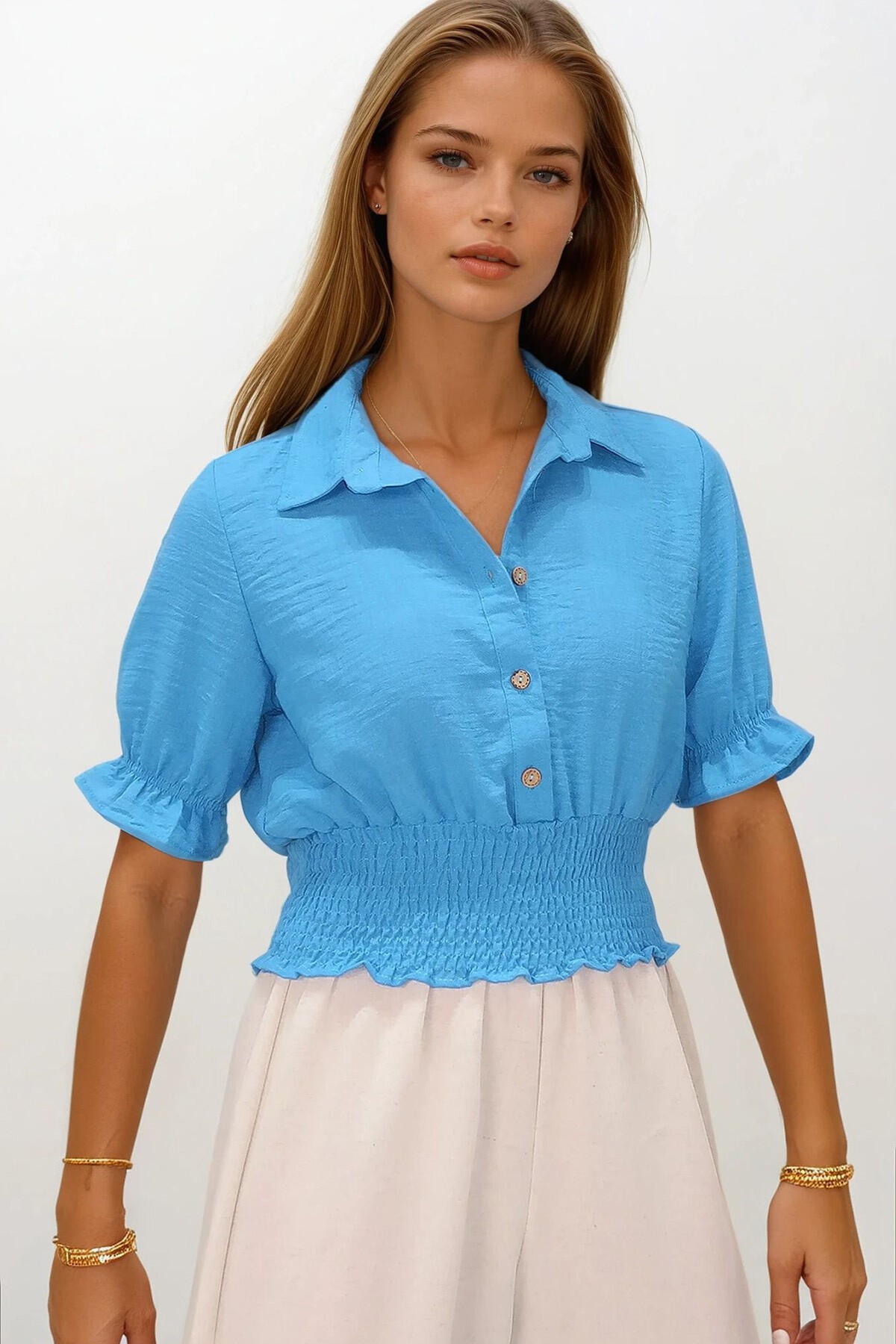 Mavi Beli Lastikli Düğme Kapamalı Gömlek Yaka Bluz