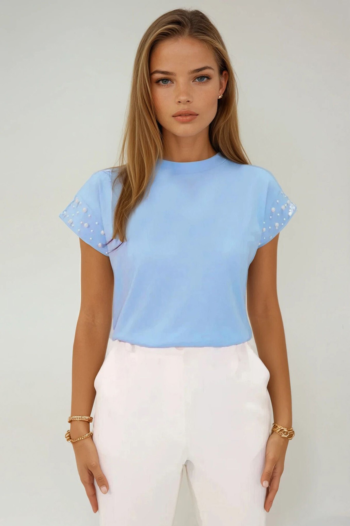 Mavi Bisiklet Yaka İnci Çakımlı Kolsuz  Bluz