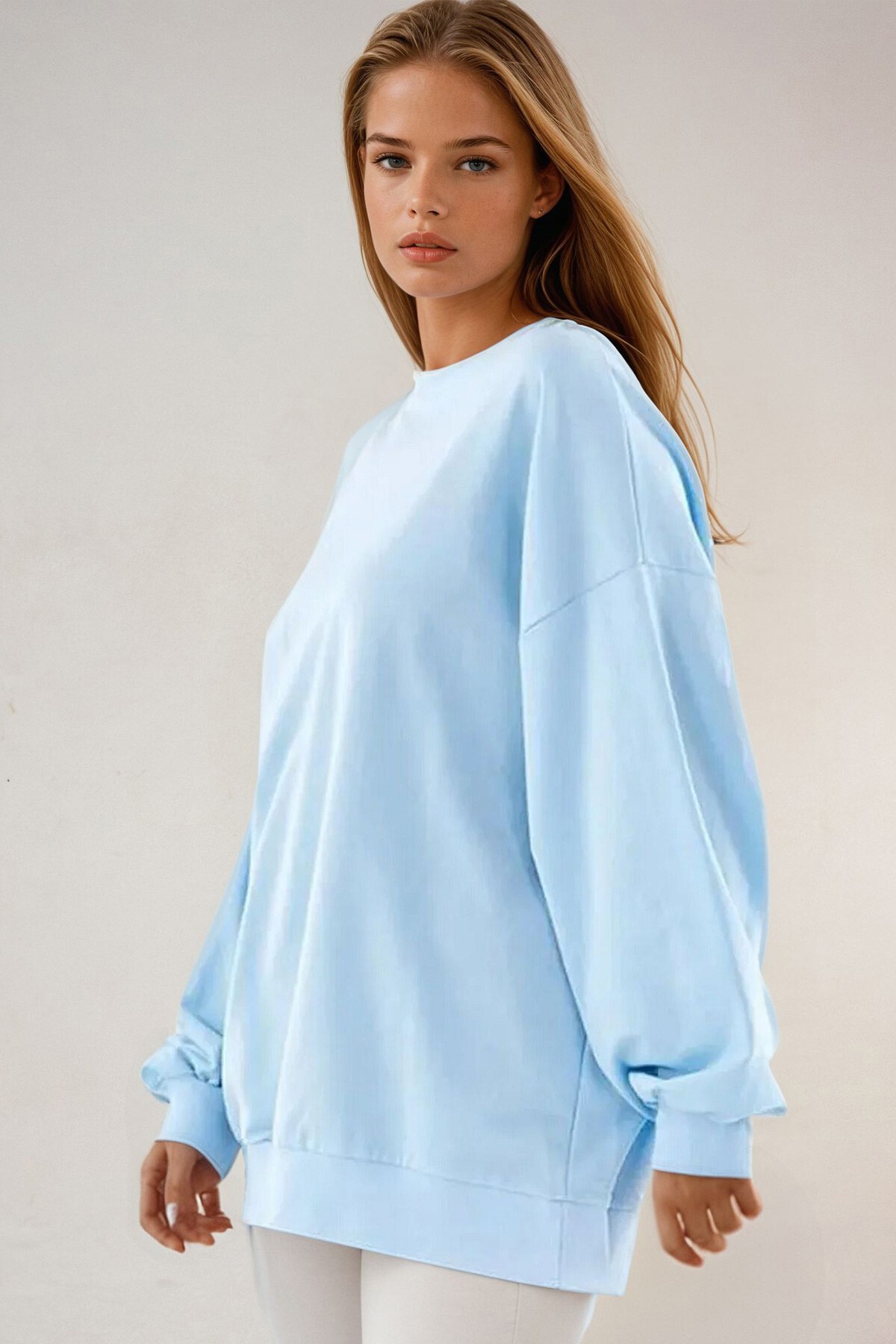 Mavi Bisiklet Yaka Oversize Mevsimlik Basic Sweatshirt