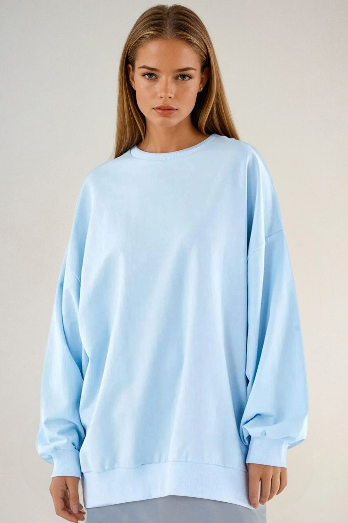 Mavi Bisiklet Yaka Oversize Mevsimlik Basic Sweatshirt