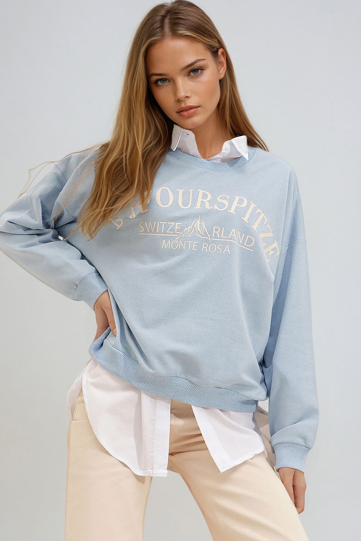 Mavi Bisiklet Yaka Yazı Baskılı Oversize Sweatshirt