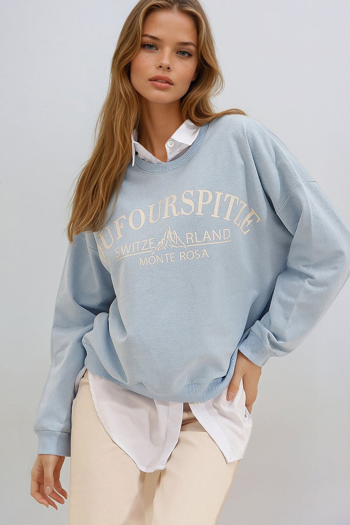 Mavi Bisiklet Yaka Yazı Baskılı Oversize Sweatshirt