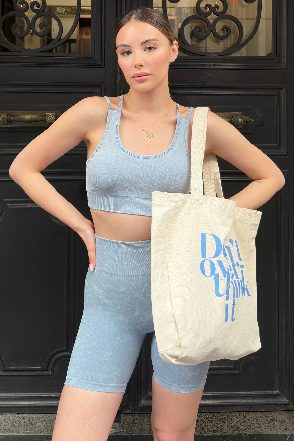 Mavi Çapraz İpli Crop Bluz Ve Şort Takım