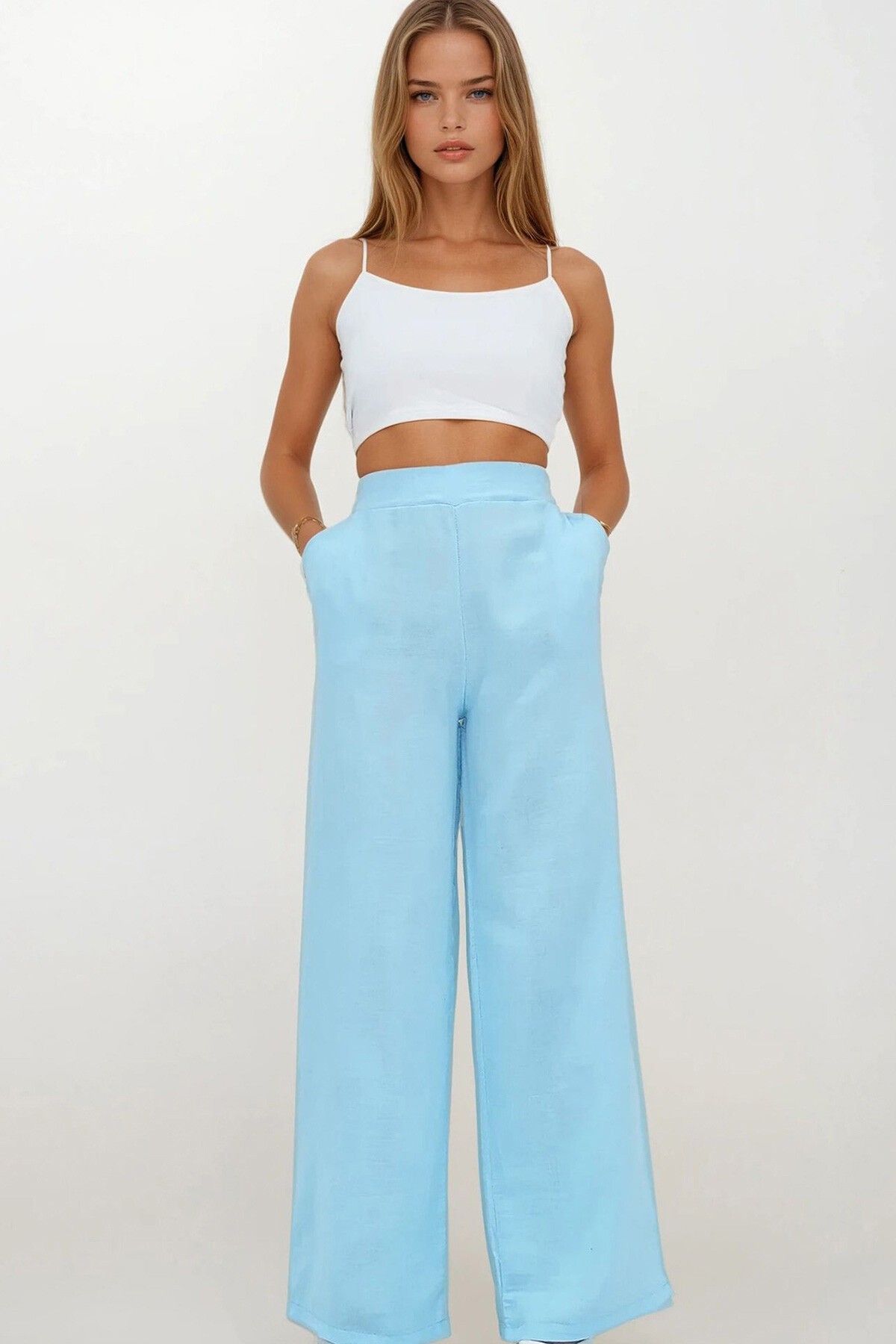 Mavi Çift Cepli Beli Lastikli Müslin Palazzo Pantolon