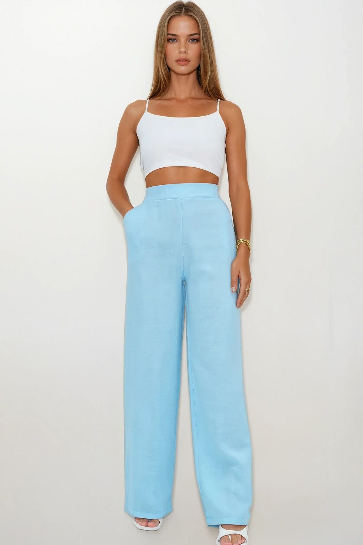 Mavi Çift Cepli Beli Lastikli Müslin Palazzo Pantolon