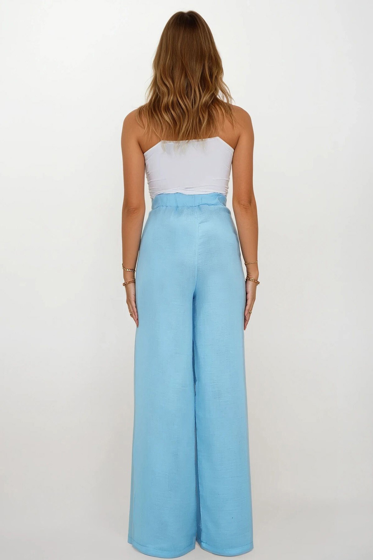 Mavi Çift Cepli Beli Lastikli Müslin Palazzo Pantolon
