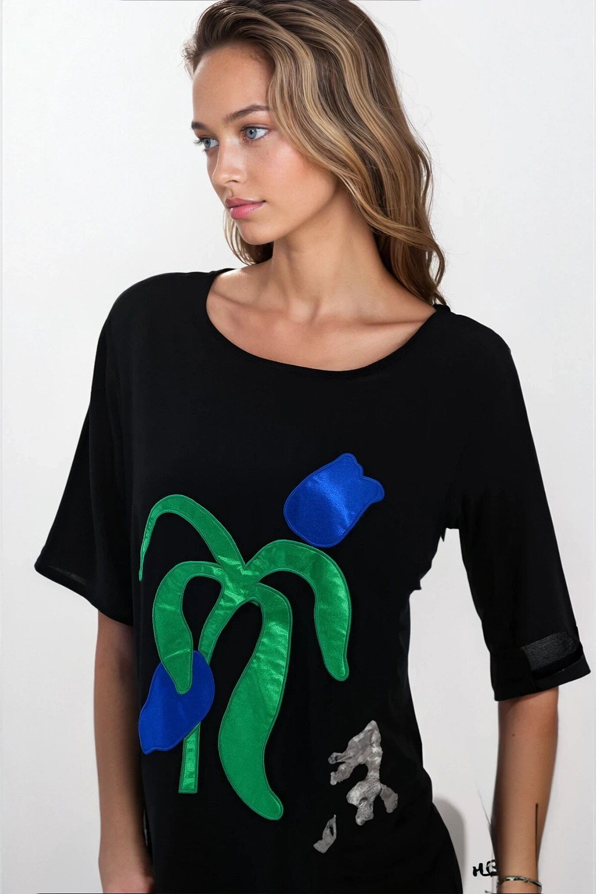 Mavi Çift Cepli Çiçek Baskılı Kısa Kollu Elbise