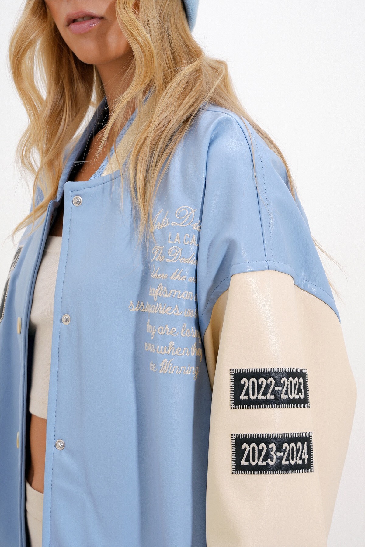 Mavi Çift Cepli Çıtçıt Kapamalı Oversize Bomber Ceket