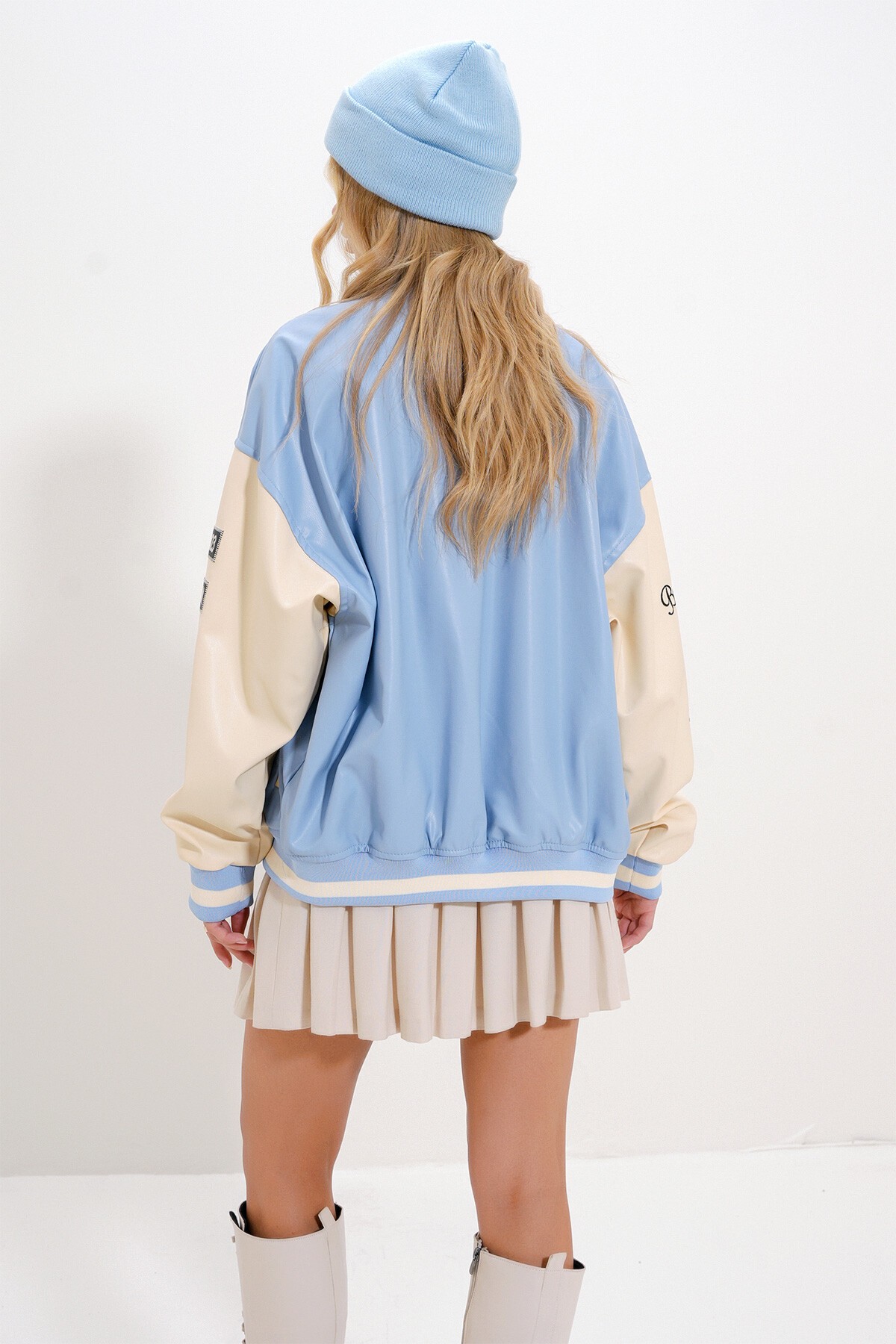 Mavi Çift Cepli Çıtçıt Kapamalı Oversize Bomber Ceket