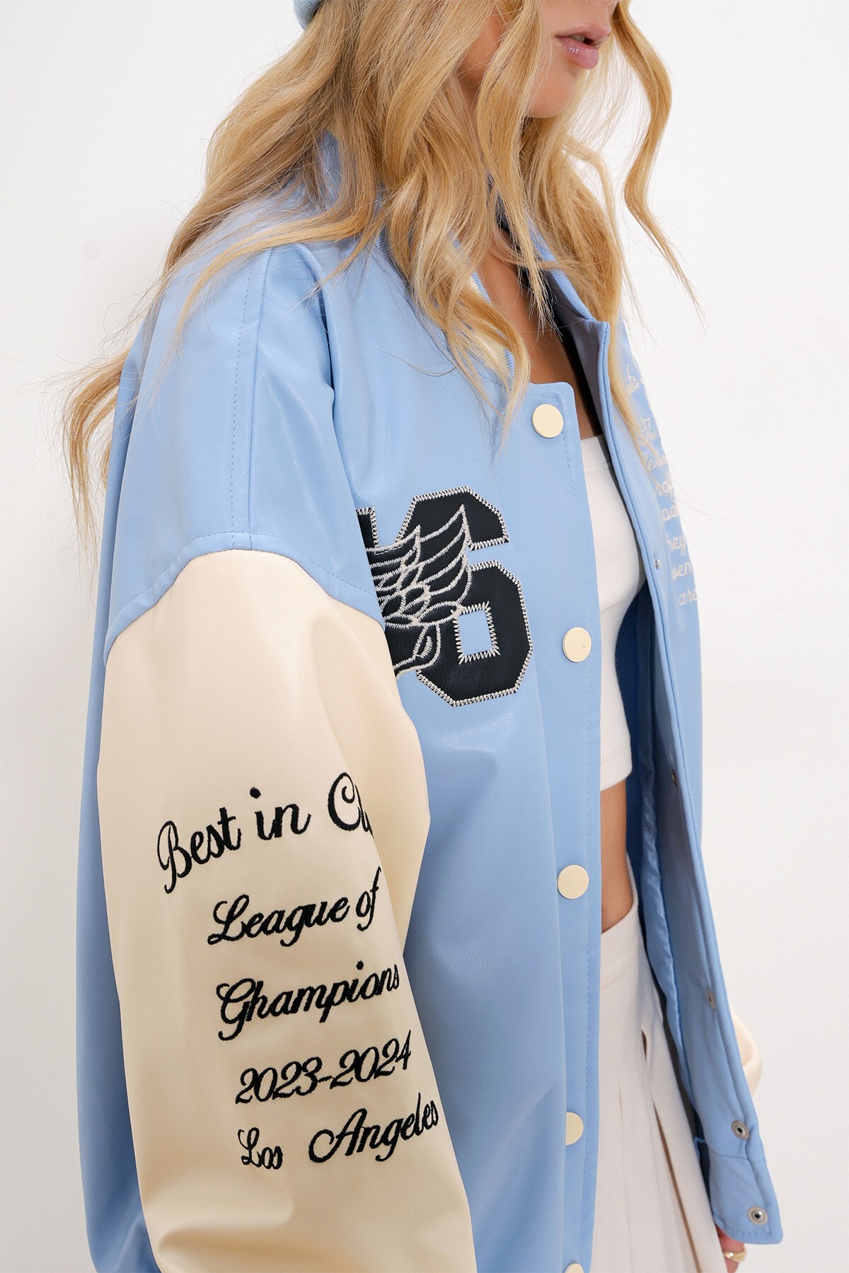 Mavi Çift Cepli Çıtçıt Kapamalı Oversize Bomber Ceket