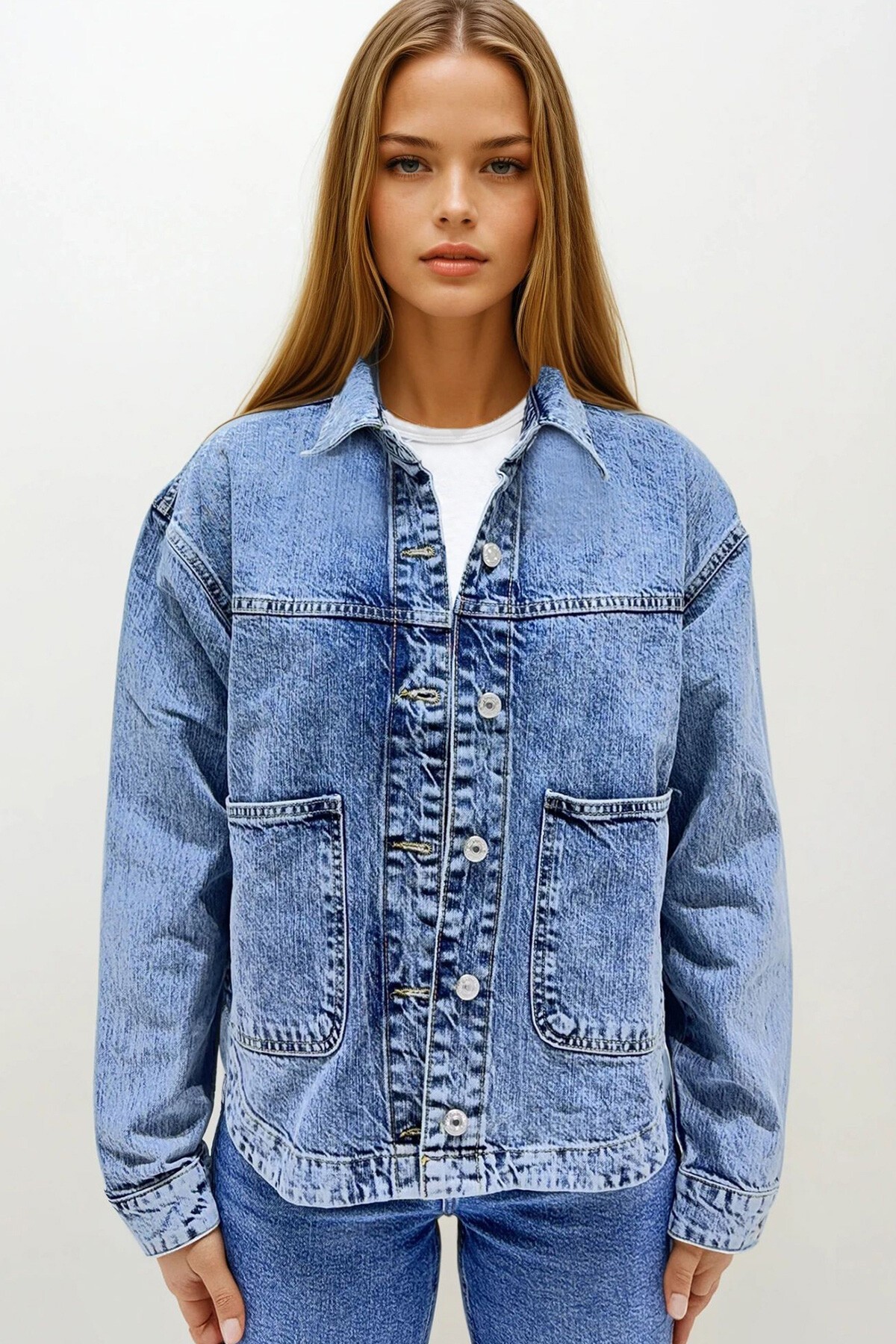 Mavi Çift Cepli Oversize Jean Ceket