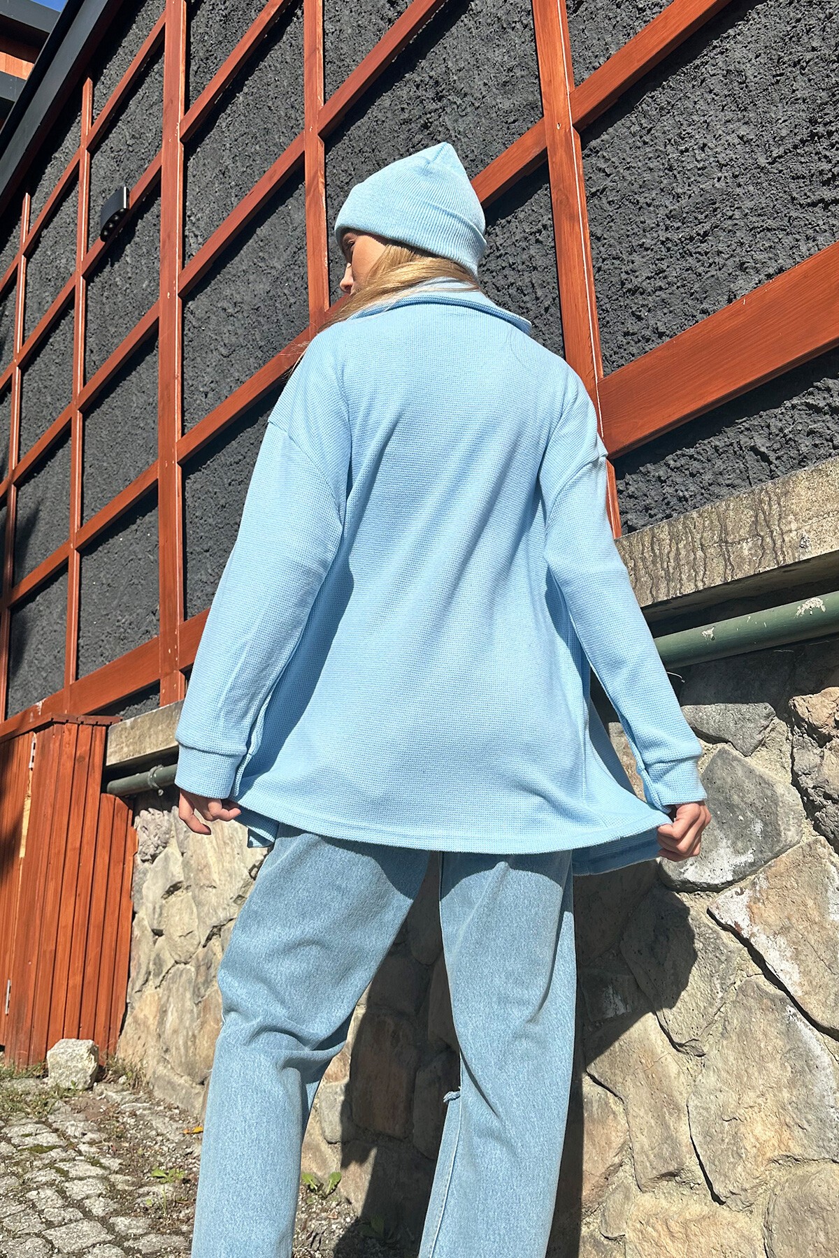 Mavi Çift Cepli Vaffle Oversize Gömlek