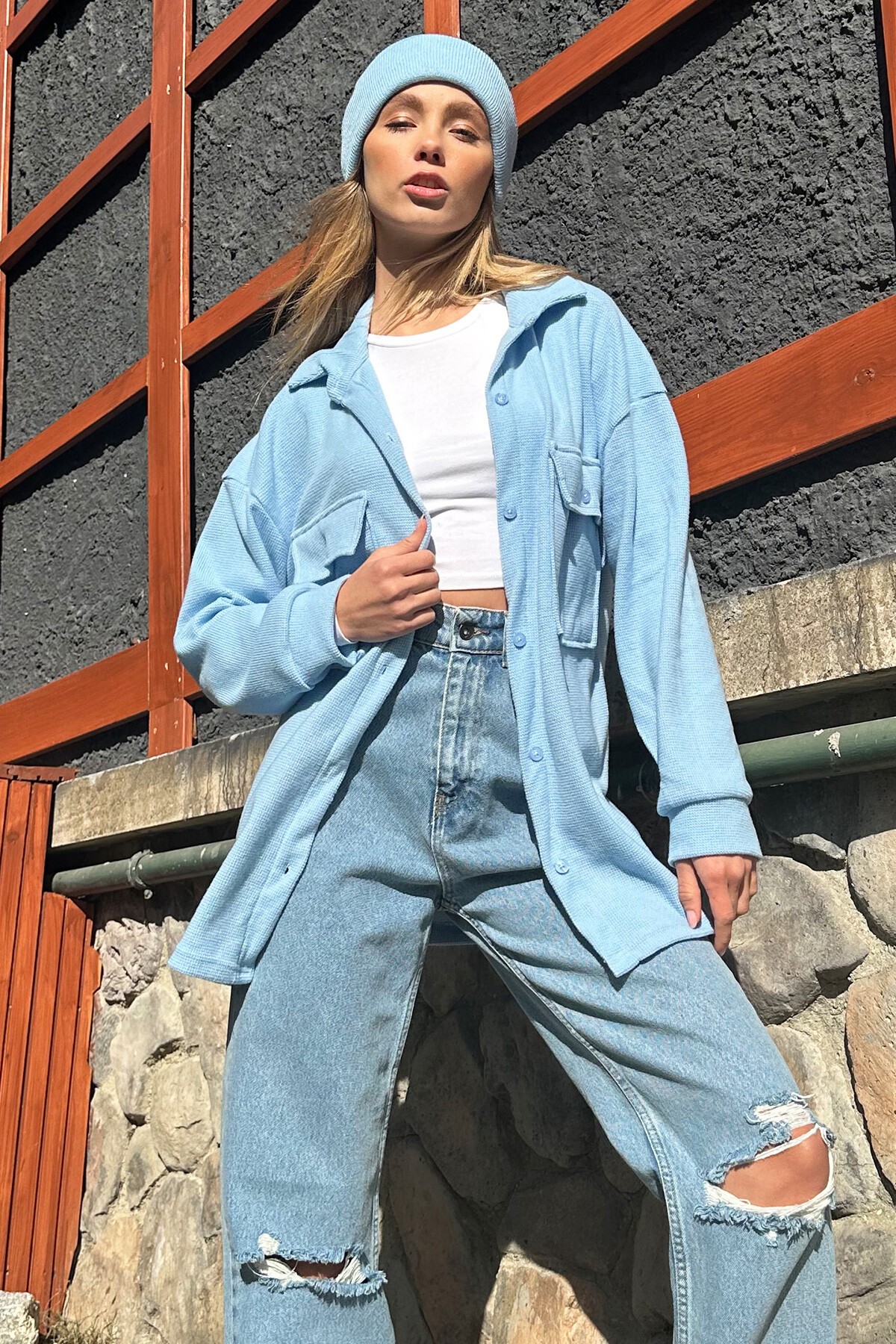 Mavi Çift Cepli Vaffle Oversize Gömlek