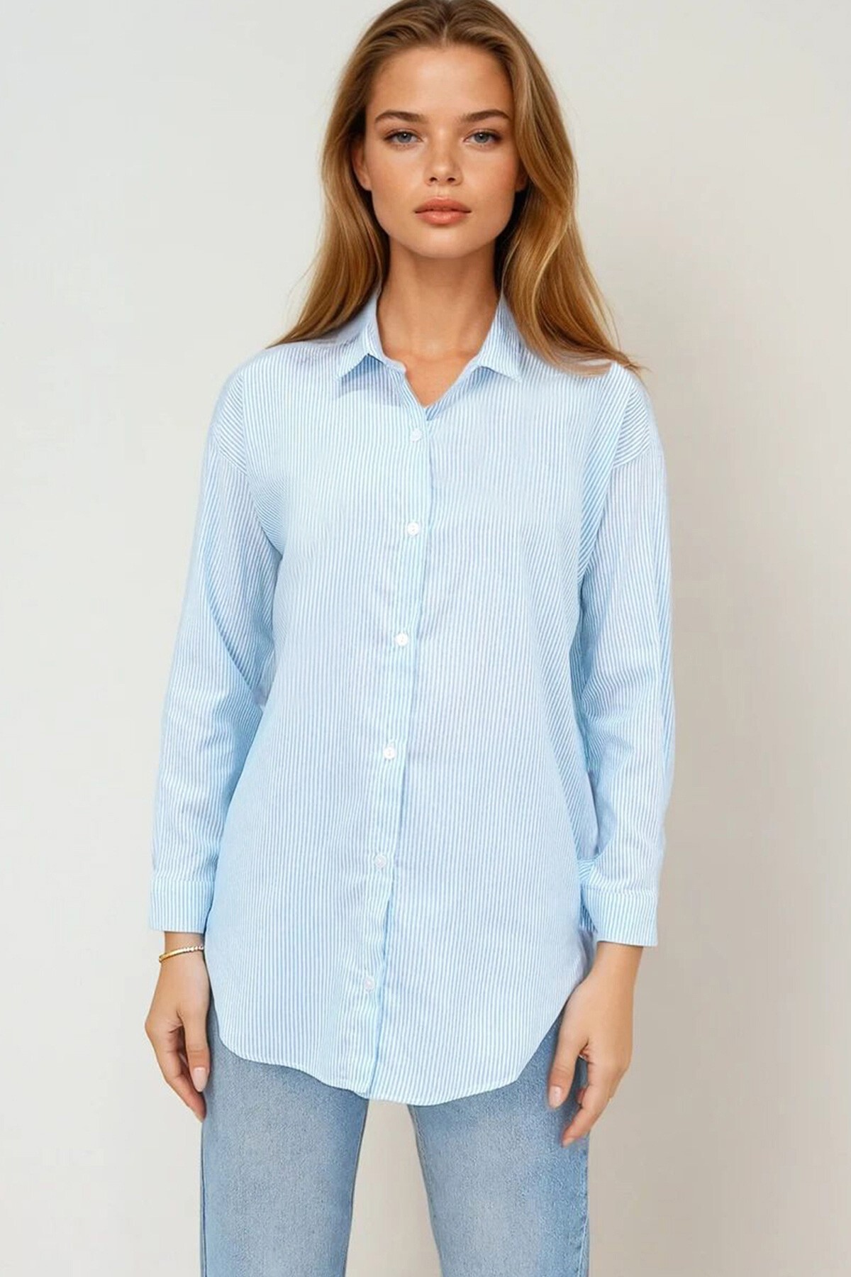 Mavi Çizgili Oversize Gömlek
