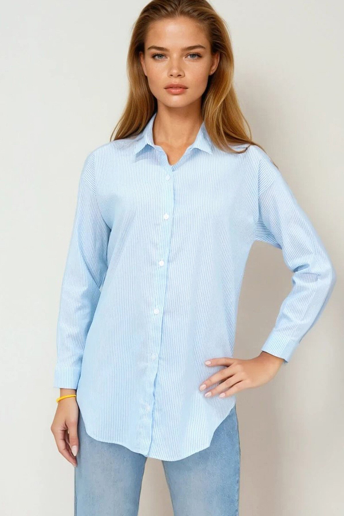 Mavi Çizgili Oversize Gömlek