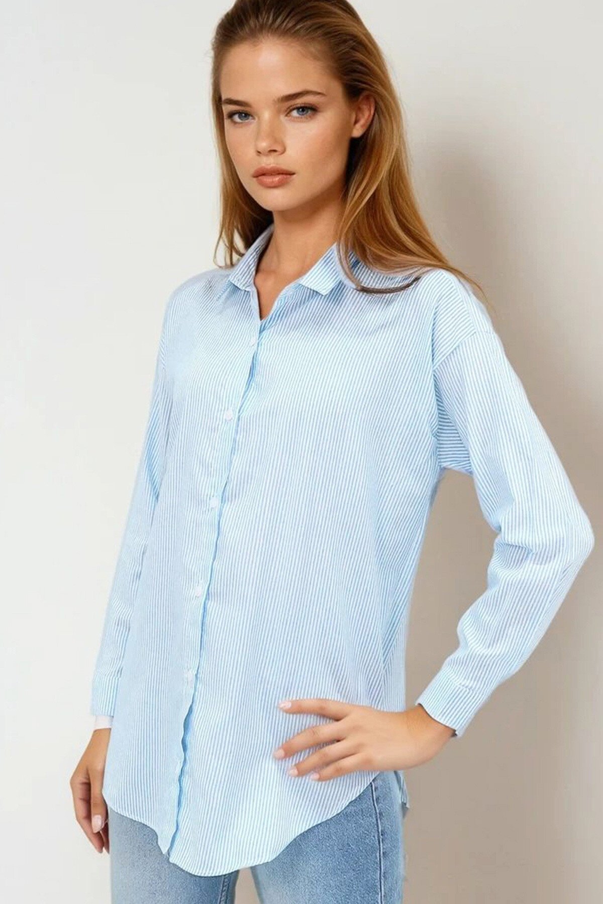 Mavi Çizgili Oversize Gömlek