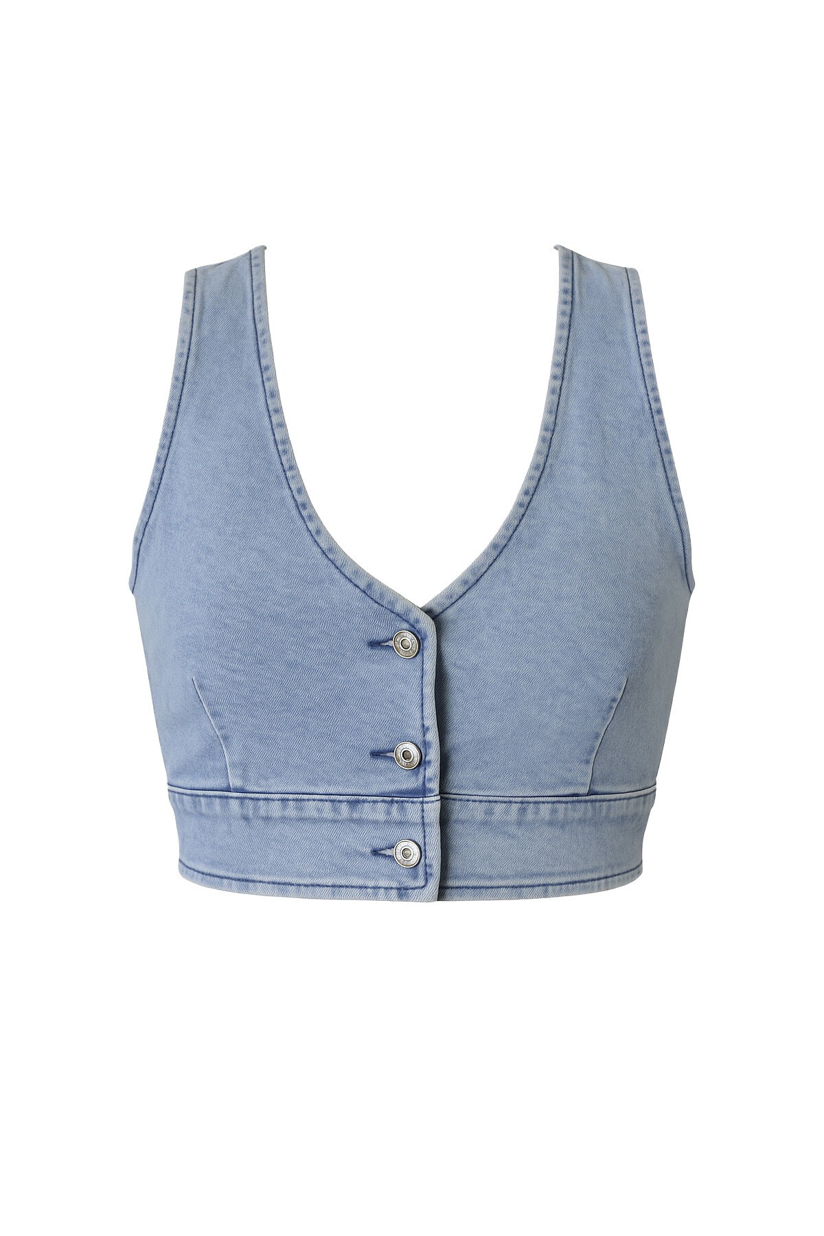 Mavi Derin V Taka Düğme Kapamalı Crop Jean Yelek