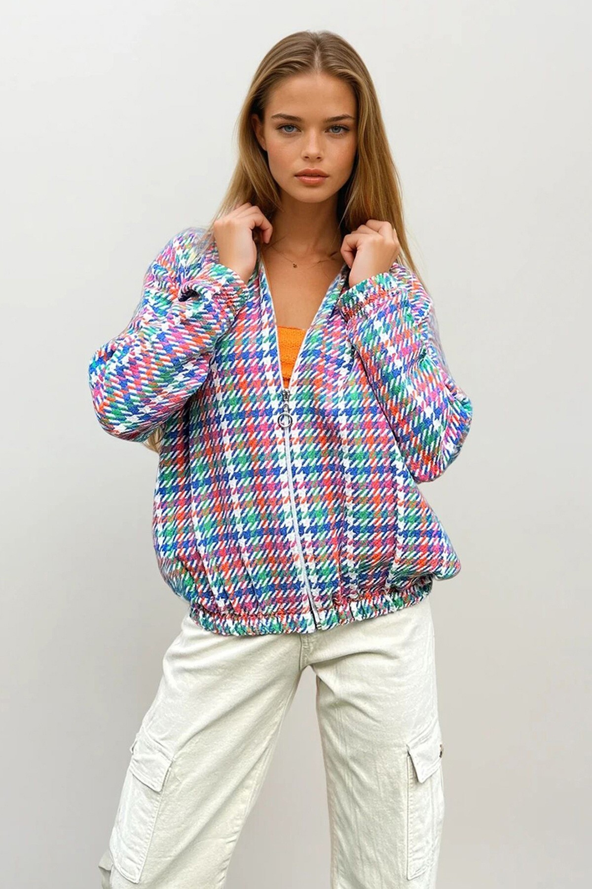 Mavi Desenli Fermuarlı Beli Lastikli Mevsimlik Bomber Ceket