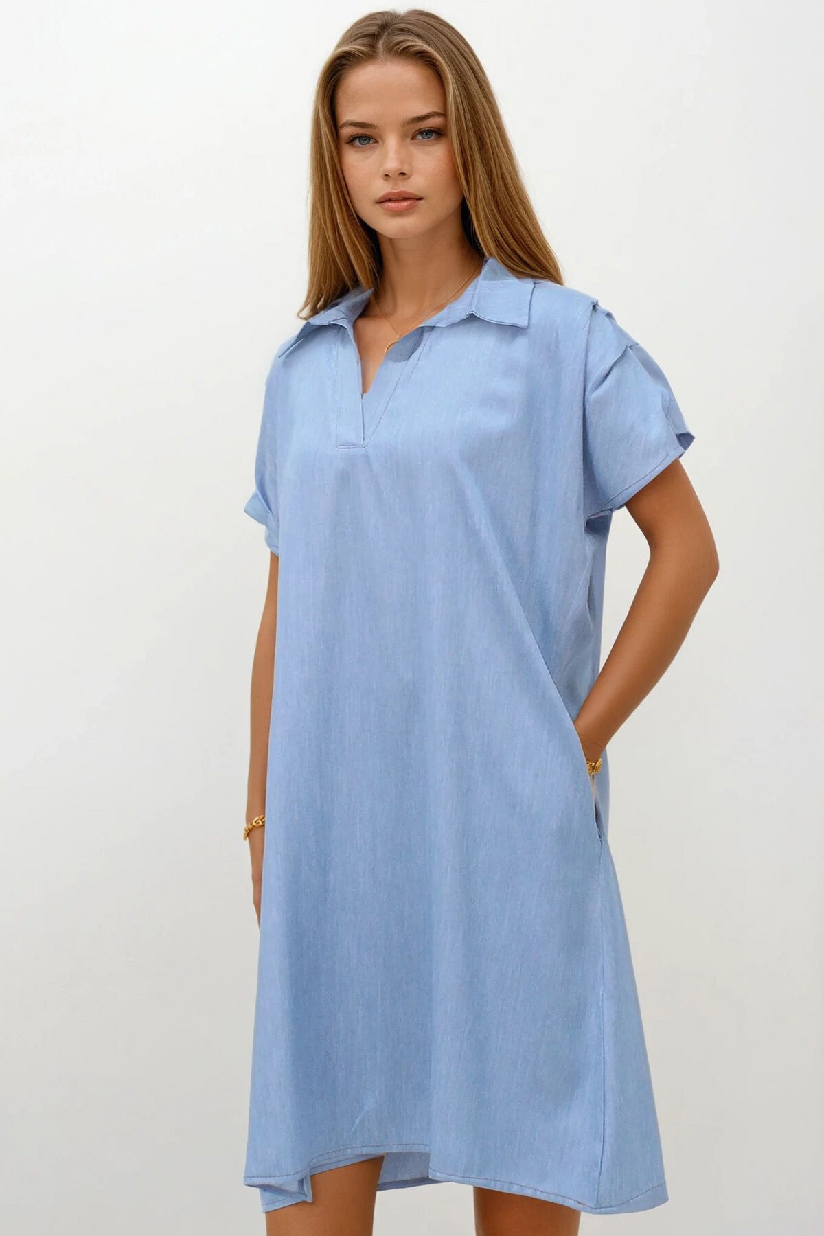 Mavi Gömlek Yaka Kumaş Omuz Pile Detaylı Kısa Kol Dokuma Elbise