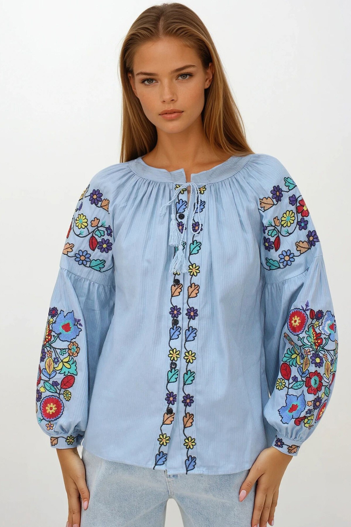 Mavi Hakim Yaka Püskül Bağcıklı Nakışlı Armürlü Dokuma Gömlek