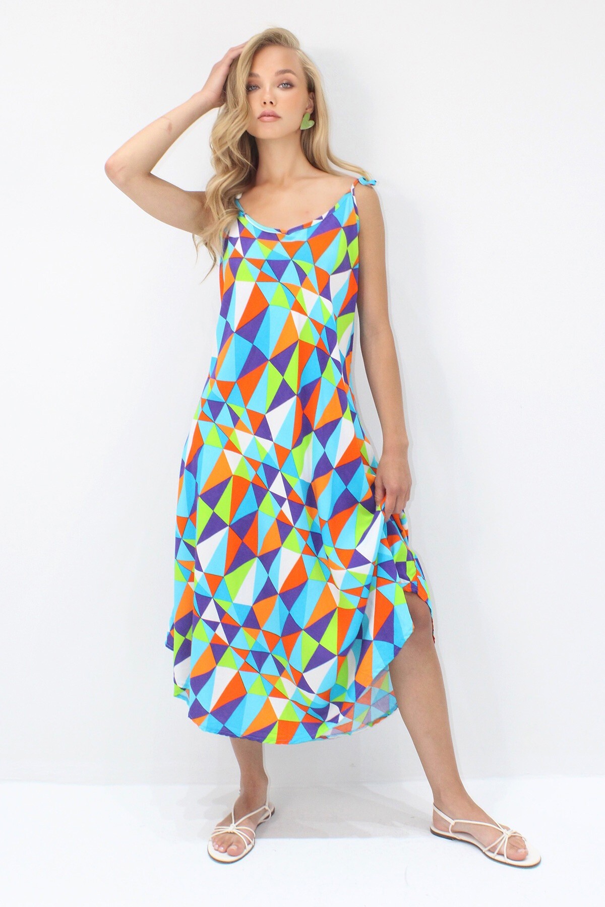 Mavi İp Askılı Çok Renkli Midi Boy Dokuma Viskon Elbise