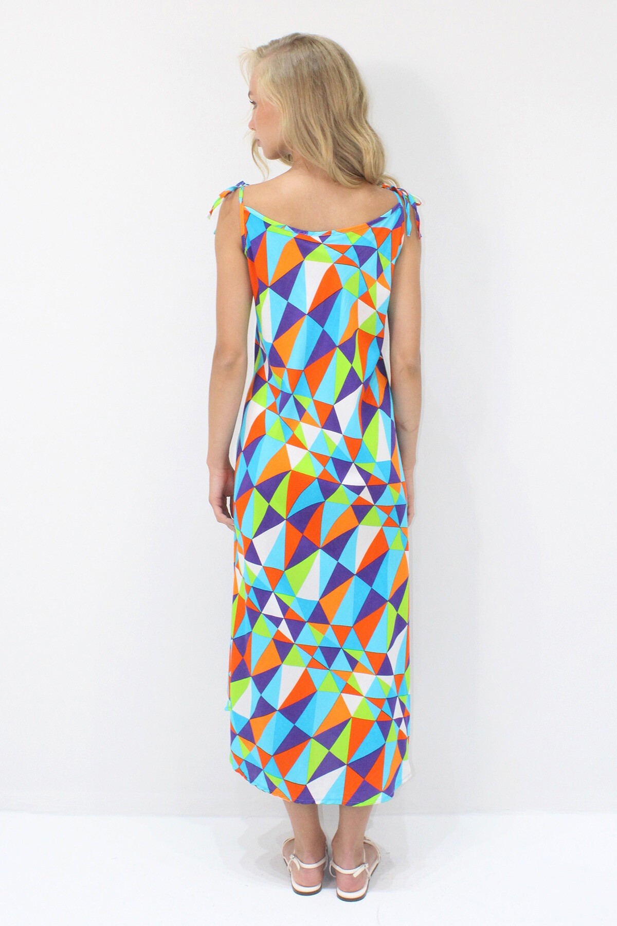 Mavi İp Askılı Çok Renkli Midi Boy Dokuma Viskon Elbise