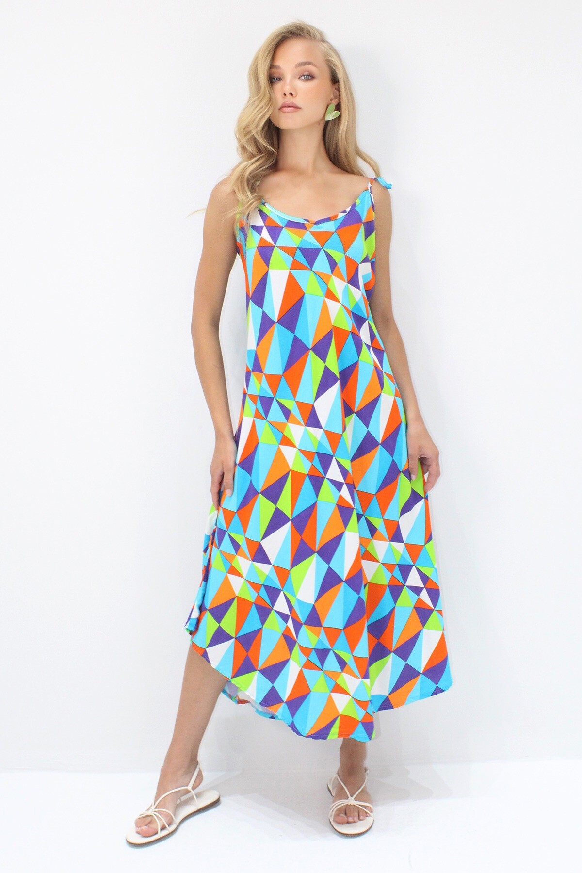 Mavi İp Askılı Çok Renkli Midi Boy Dokuma Viskon Elbise