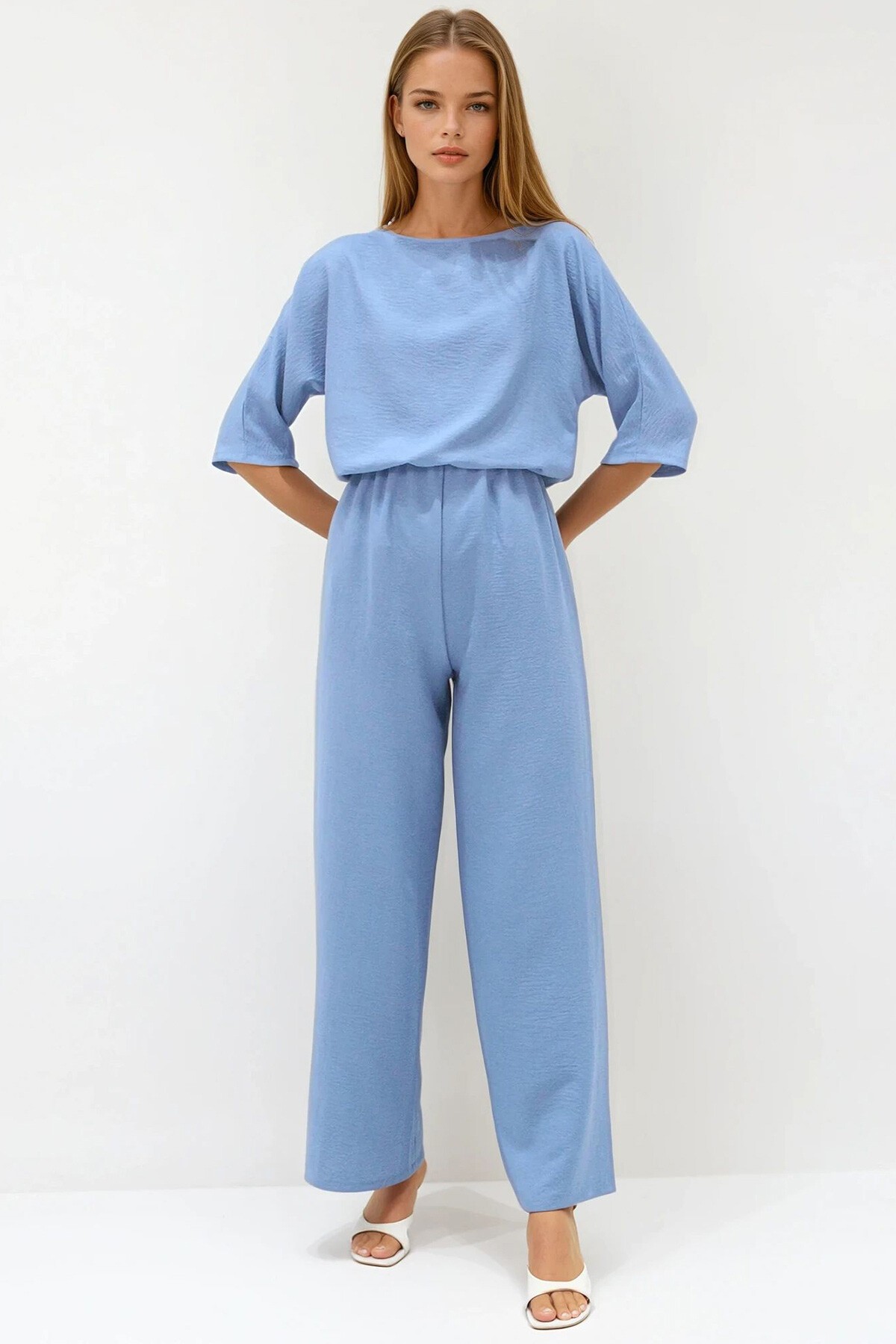 Mavi Kayık Yaka Bluz Ve Pantolon Aerobin Takım