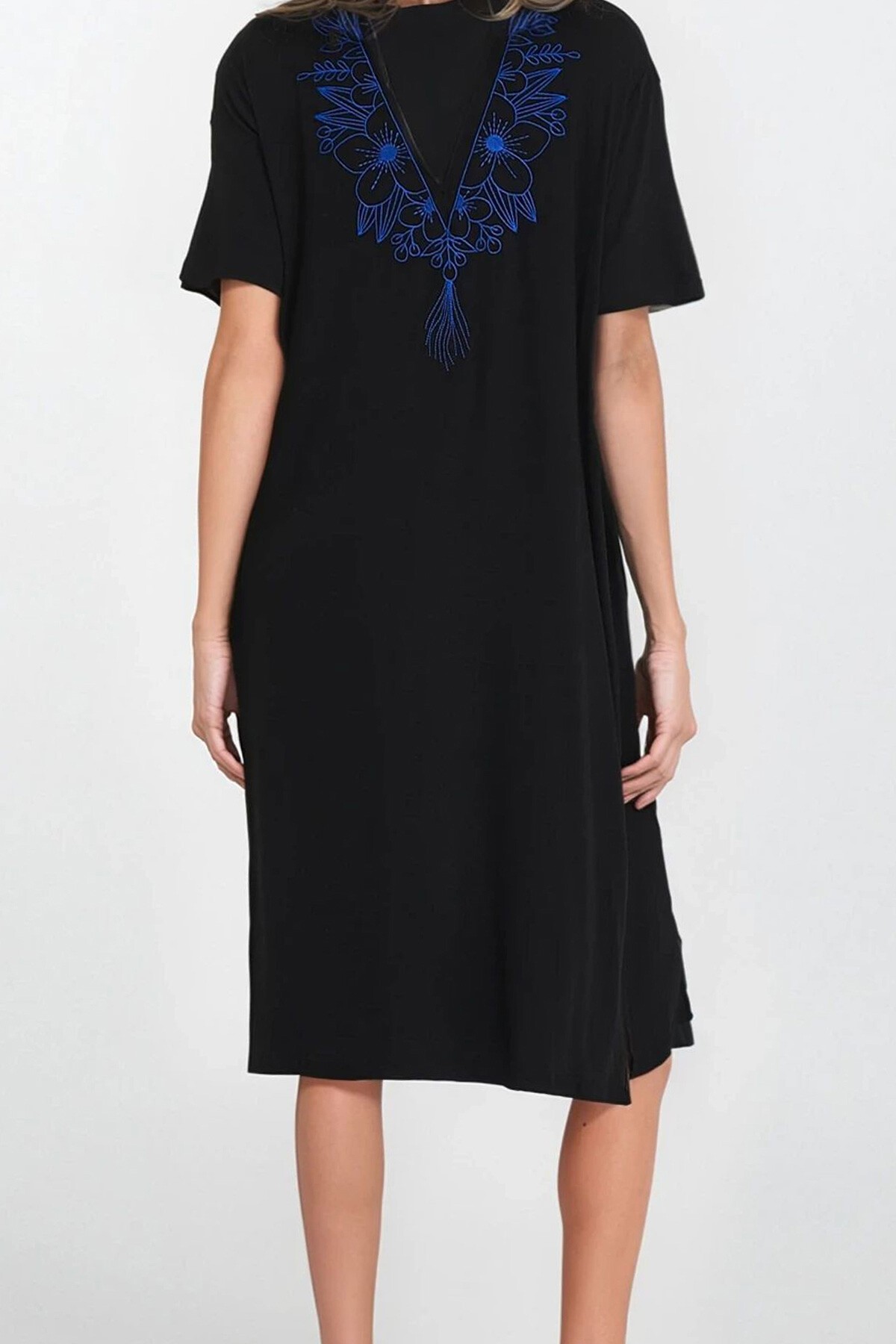 Mavi Kayık Yaka Cepli Büyük Beden Viskon Elbise