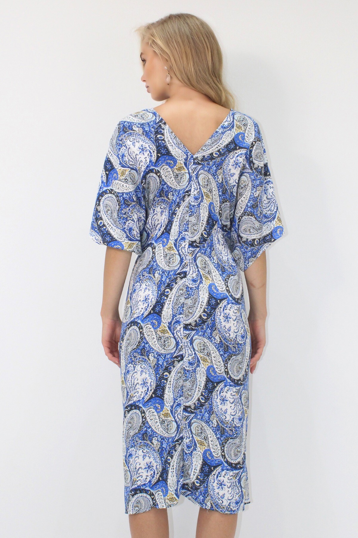 Mavi Ön Arka V Yaka Coconut Düğmeli Çift Cepli Desenli Dokuma Viskon Elbise