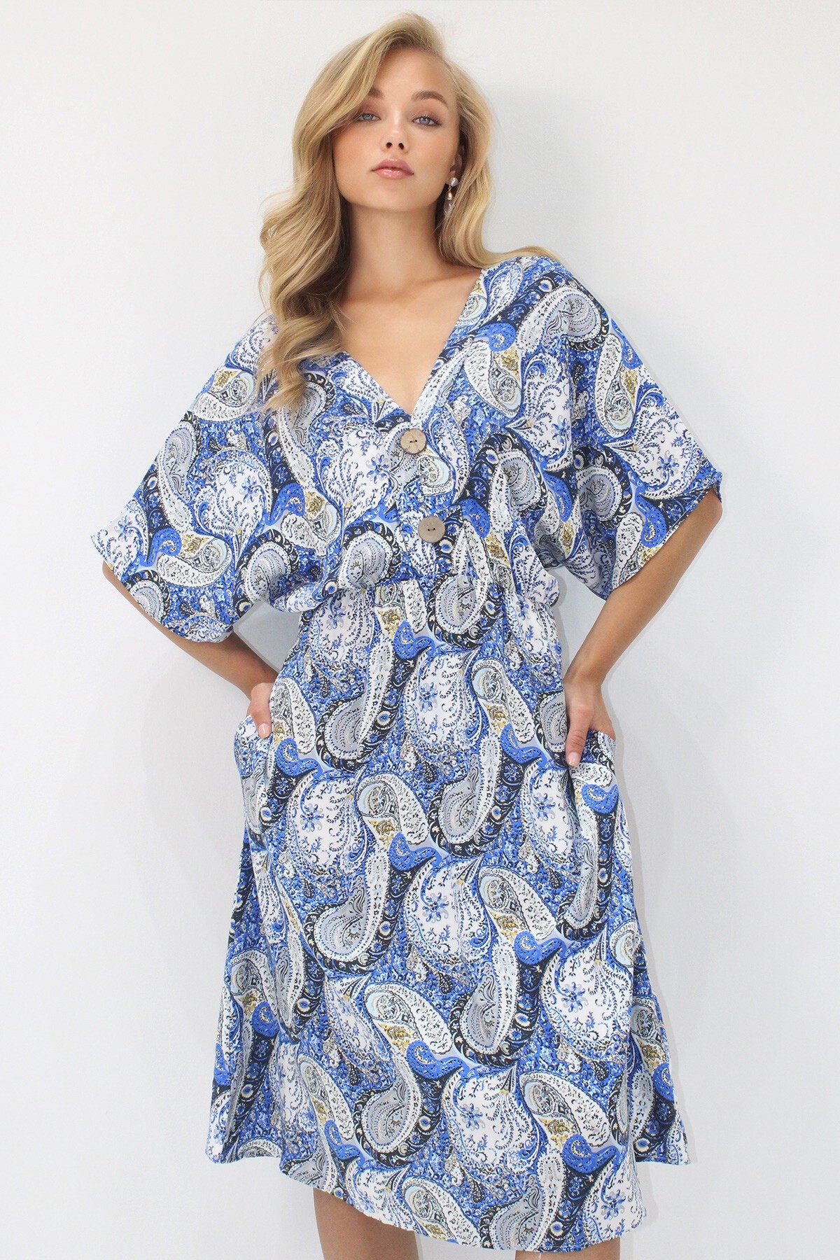 Mavi Ön Arka V Yaka Coconut Düğmeli Çift Cepli Desenli Dokuma Viskon Elbise