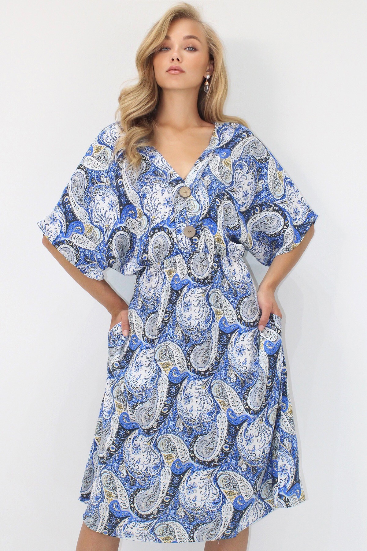 Mavi Ön Arka V Yaka Coconut Düğmeli Çift Cepli Desenli Dokuma Viskon Elbise