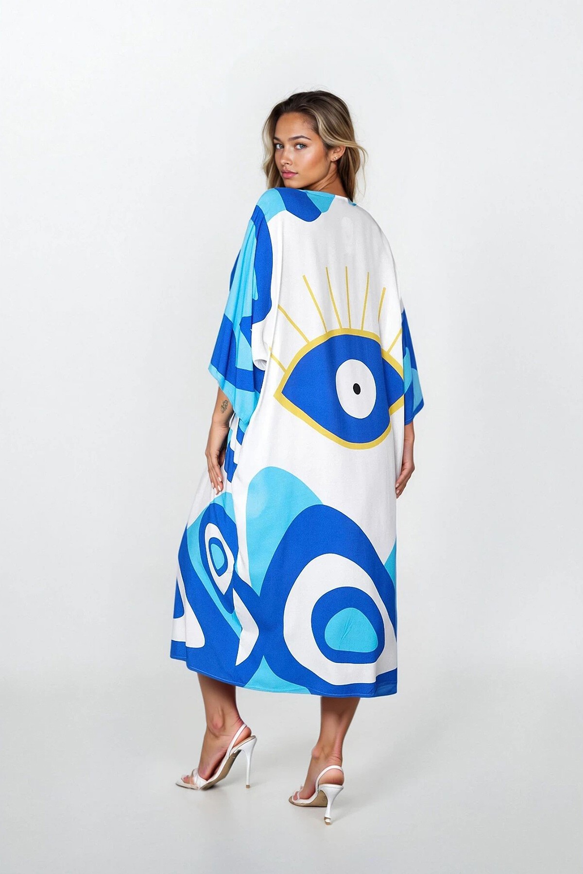 Mavi Önü Düğmeli Çift Cepli Büyük Beden Viskon Elbise