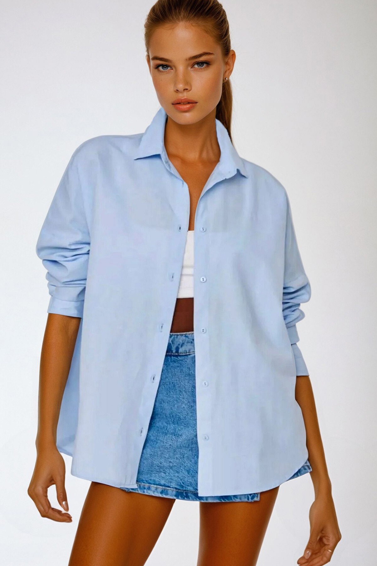 Mavi Oversize Uzun Dokuma Gömlek