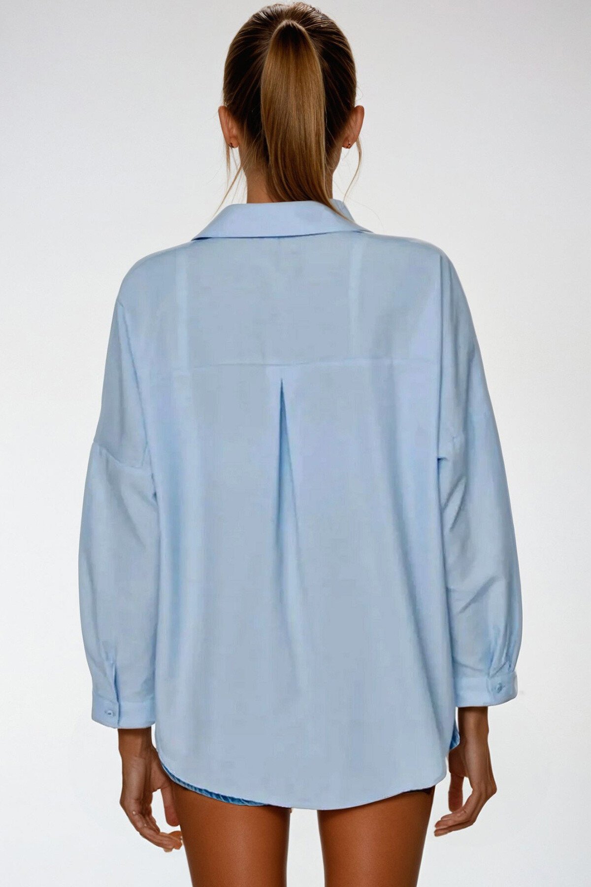 Mavi Oversize Uzun Dokuma Gömlek